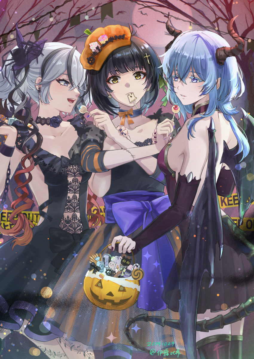 3girls absurdres alternate_costume bare_shoulders black_dress black_eyes black_hair blue_hair breasts camellya_(wuthering_waves) collarbone colored_eyelashes colored_inner_hair commentary cowboy_shot dated dress earrings eating eyeliner female_rover_(wuthering_waves) hair_ornament hair_vines halloween halloween_bucket highres horns jewelry looking_at_another makeup medium_breasts multicolored_hair multiple_girls parted_lips purple_dress purple_eyes red_eyeliner red_pupils rover_(wuthering_waves) short_hair smile shorekeeper_(wuthering_waves) white_hair wuthering_waves yellow_eyes yilubixi