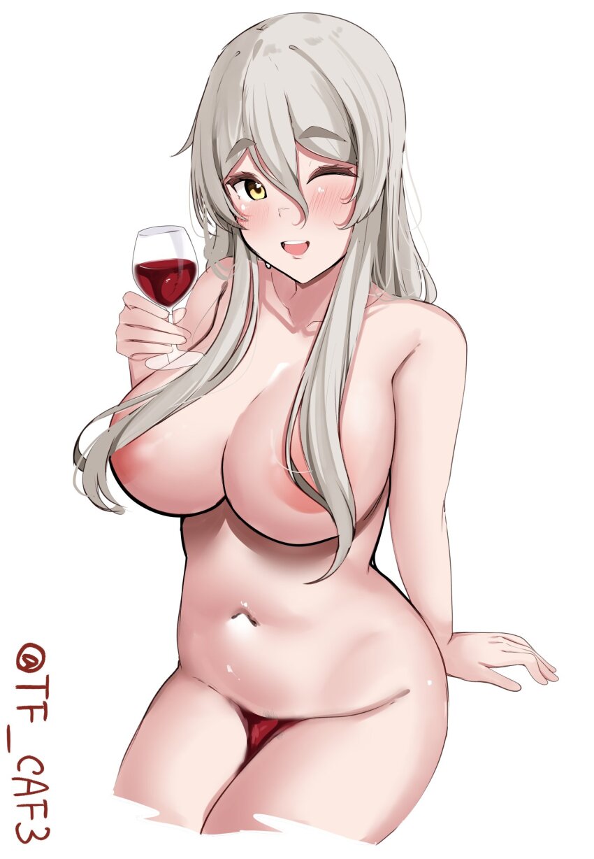 1girl alcohol areola_slip blush breasts brown_eyes covered_erect_nipples covered_pussy drunk grey_hair highres kantai_collection large_breasts long_hair looking_at_viewer navel nude one_eye_closed open_mouth pola_(kancolle) sitting smile solo tf_cafe twitter_username wavy_hair white_background wine