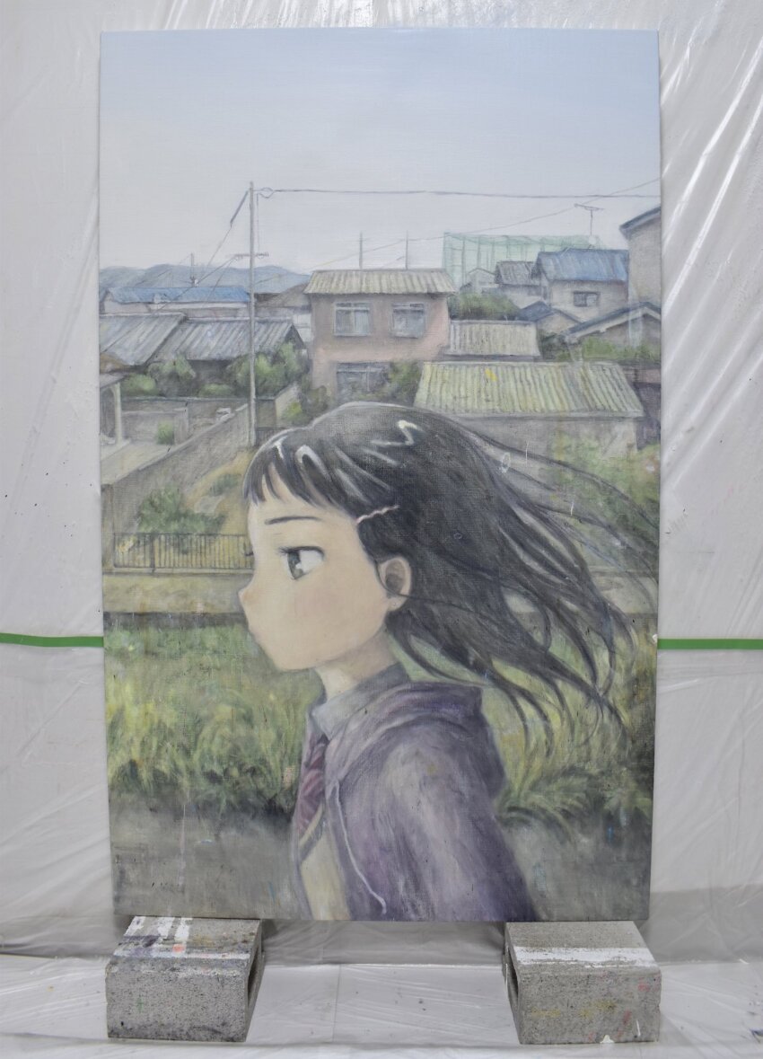 1girl black_eyes black_hair building emikuraya expressionless from_side grass highres hood hooded_jacket jacket medium_hair necktie oil_painting_(medium) open_clothes open_jacket original outdoors painting_(medium) photo_(medium) profile scenery sky solo town traditional_media upper_body wind