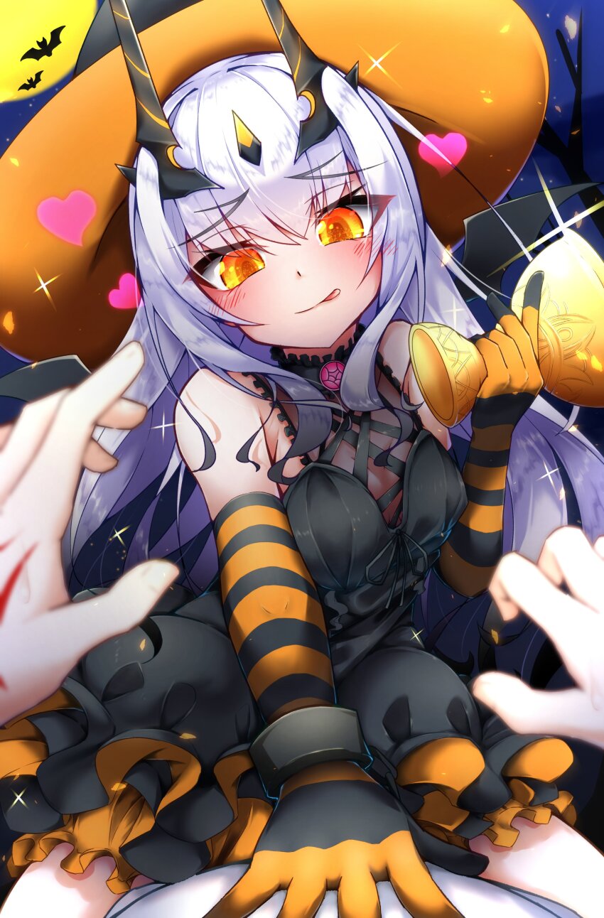 1girl absurdres bare_shoulders breasts cleavage dragon_girl fate/grand_order fate_(series) gloves halloween happy_halloween hat highres holy_grail_(fate) horns long_hair looking_at_viewer melusine_(fate) moon pantyhose sidelocks small_breasts striped_clothes striped_gloves striped_pantyhose white_hair witch_hat yellow_eyes