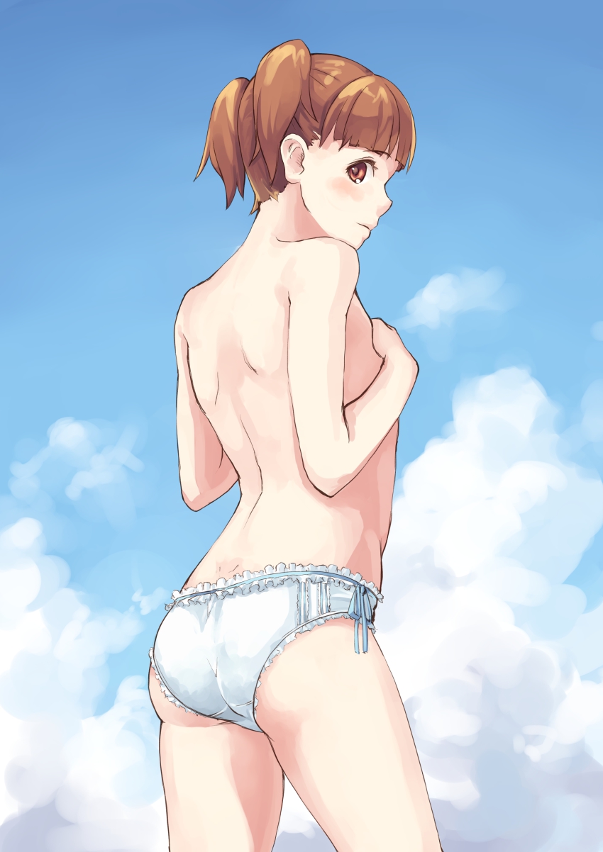 1girl absurdres ass back blush brown_eyes brown_hair cloud covering_breasts covering_privates day eichisu female_focus flat_chest from_behind highres original panties short_hair short_twintails sky solo topless twintails underwear white_panties