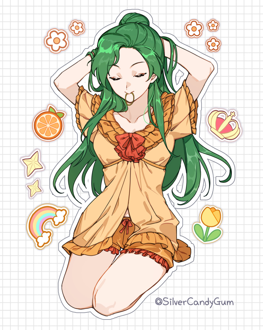 1girl absurdres alternate_costume arms_behind_head closed_eyes collarbone commentary commission elincia_ridell_crimea english_commentary fire_emblem fire_emblem:_path_of_radiance frills grey_hair hair_bun highres kneeling long_hair mouth_hold nintendo pajamas pixiv_commission rubber_band silvercandy_gum single_hair_bun solo twitter_username