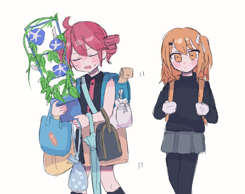 2girls a.i._voice adachi_rei backpack bag black_pantyhose black_sweater flower highres holding holding_umbrella kasane_teto morning_glory multiple_girls orange_eyes orange_hair pantyhose plant potted_plant randoseru red_hair rtm1016 skirt sleeveless sweater umbrella utau