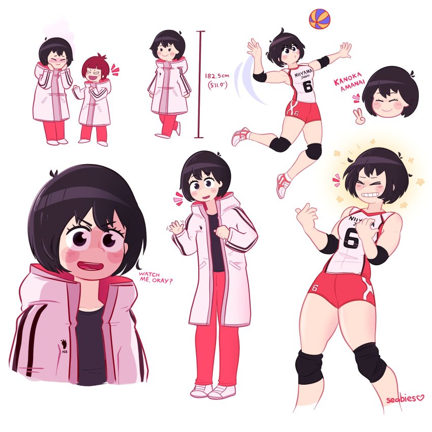 &gt;_&lt; 2girls amanai_kanoka artist_name ball bare_shoulders black_hair black_shirt blush bob_cut breasts character_name elbow_pads english_text female_focus haikyuu!! hand_up height_chart highres jacket jumping knee_pads leaning_back long_sleeves medium_breasts multiple_girls multiple_views open_mouth pants photo-referenced radicalseabies red_shorts shirt shoes short_hair shorts sneakers sportswear teeth track_jacket track_pants v volleyball volleyball_(object) volleyball_uniform waving yonezawa_maiko yoshimura_shiho