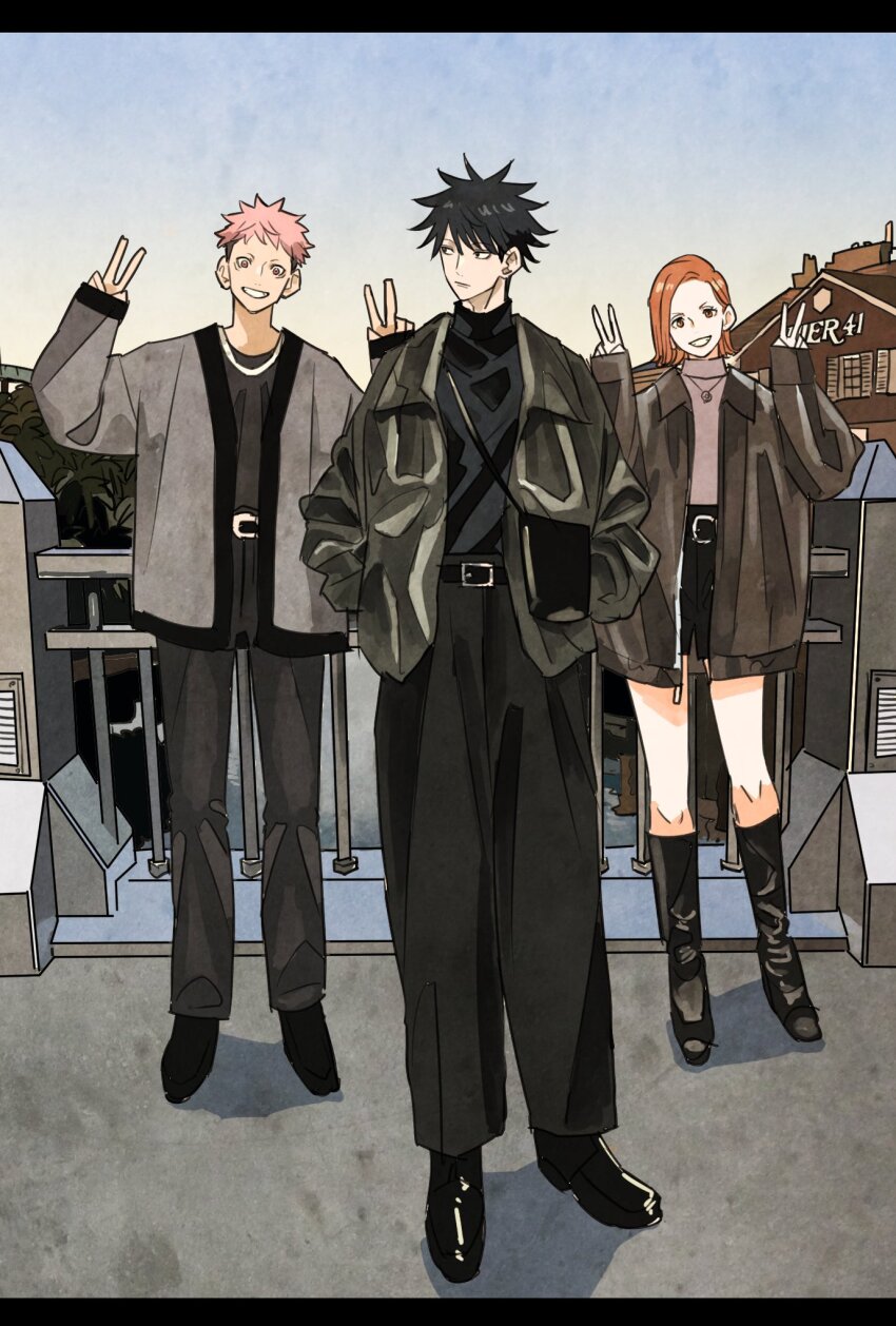 1girl 2boys belt black_footwear black_hair black_pants black_shorts boots commentary_request double_v full_body hands_in_pockets highres itadori_yuuji jacket jujutsu_kaisen kugisaki_nobara letterboxed light_brown_hair looking_at_viewer looking_to_the_side multiple_boys outdoors pants pink_hair short_hair shorts sky spiked_hair takeuchi_ryousuke v