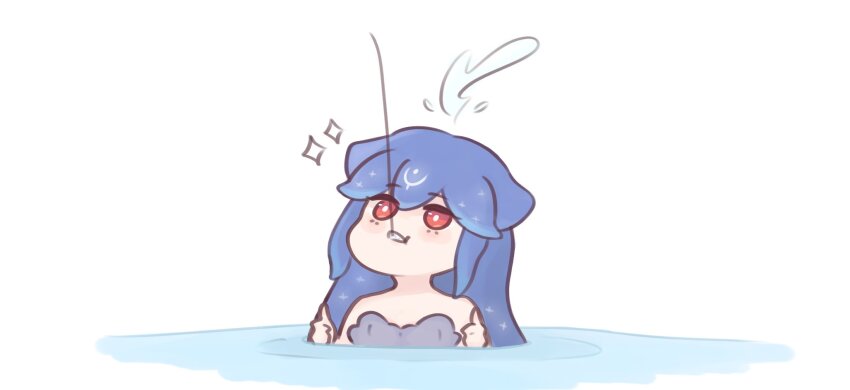 1girl bao_(vtuber) bare_shoulders blue_hair blush_stickers chonkyorca commentary double_thumbs_up english_commentary fishing_line hair_between_eyes highres indie_virtual_youtuber long_hair partially_submerged red_eyes simple_background solo sparkle thumbs_up virtual_youtuber water white_background