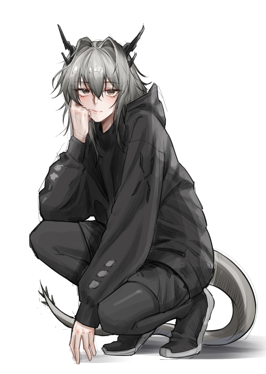 1girl absurdres alternate_costume arknights black_footwear black_hoodie black_horns black_pantyhose black_shorts brown_eyes chinese_commentary closed_mouth commentary_request full_body grey_hair grey_tail hair_between_eyes hair_intakes head_rest highres hood hood_down hoodie horns knight_fault long_sleeves looking_at_viewer medium_hair pantyhose shoes shorts simple_background sketch solo squatting tail talulah_(arknights) textless_version white_background