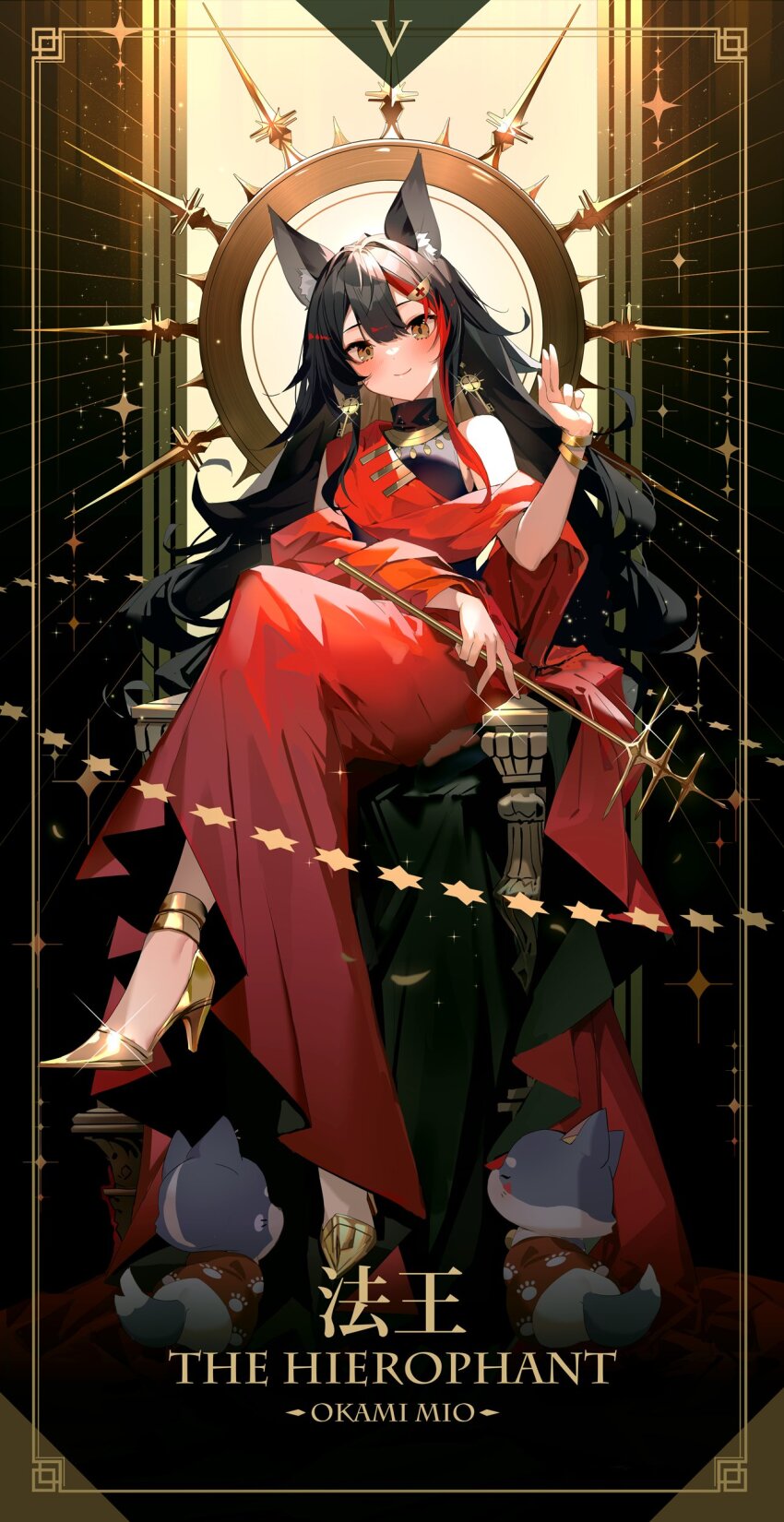 1girl absurdres animal_ear_fluff animal_ears black_hair bracelet breasts card_(medium) earrings floating_earring gold_bracelet highres hololive ishihara_(kuniyoshi) jewelry key_earrings long_hair medium_breasts ookami_mio tarot tarot_(medium) the_hierophant_(tarot) virtual_youtuber wolf_ears wolf_girl yellow_eyes