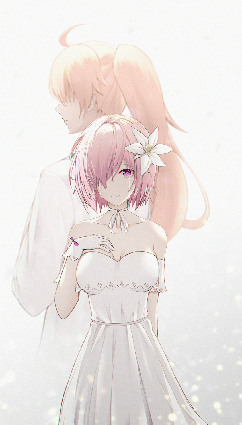 1boy 1girl ahoge back bad_id bad_pixiv_id breasts coat crying dress fate/grand_order fate_(series) flower gloves hair_flower hair_ornament hair_over_one_eye heroic_spirit_formal_dress highres long_hair looking_at_viewer looking_to_the_side mash_kyrielight mash_kyrielight_(formal_dress) merry_hearm official_alternate_costume orange_hair ponytail purple_eyes purple_hair romani_archaman smile tears white_gloves