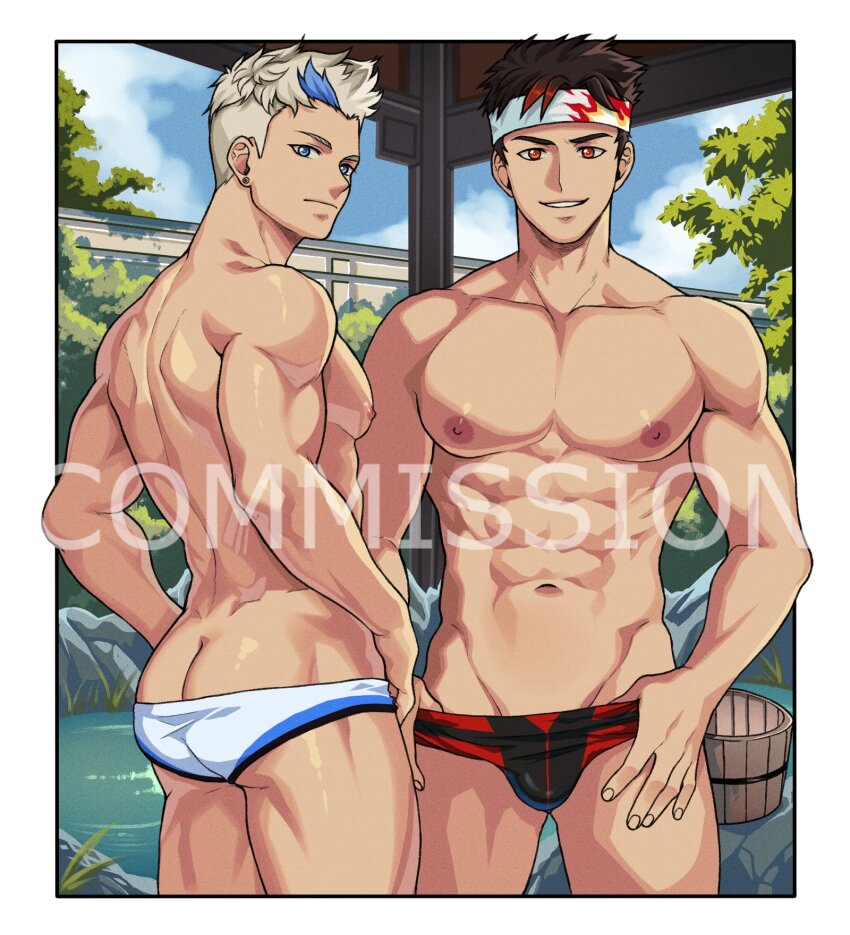 2boys abs ass bara blue_eyes blue_sky brothers bucket bulge closed_mouth cloud colored_tips commentary commission ear_piercing english_commentary grancy_(gyee) gyee headband highres kollyanna male_focus male_underwear male_underwear_peek male_underwear_pull multicolored_hair multiple_boys muscular muscular_male navel nipples onsen pectorals piercing red_eyes siblings sky smile sven_(gyee) topless_male tree underwear watermark