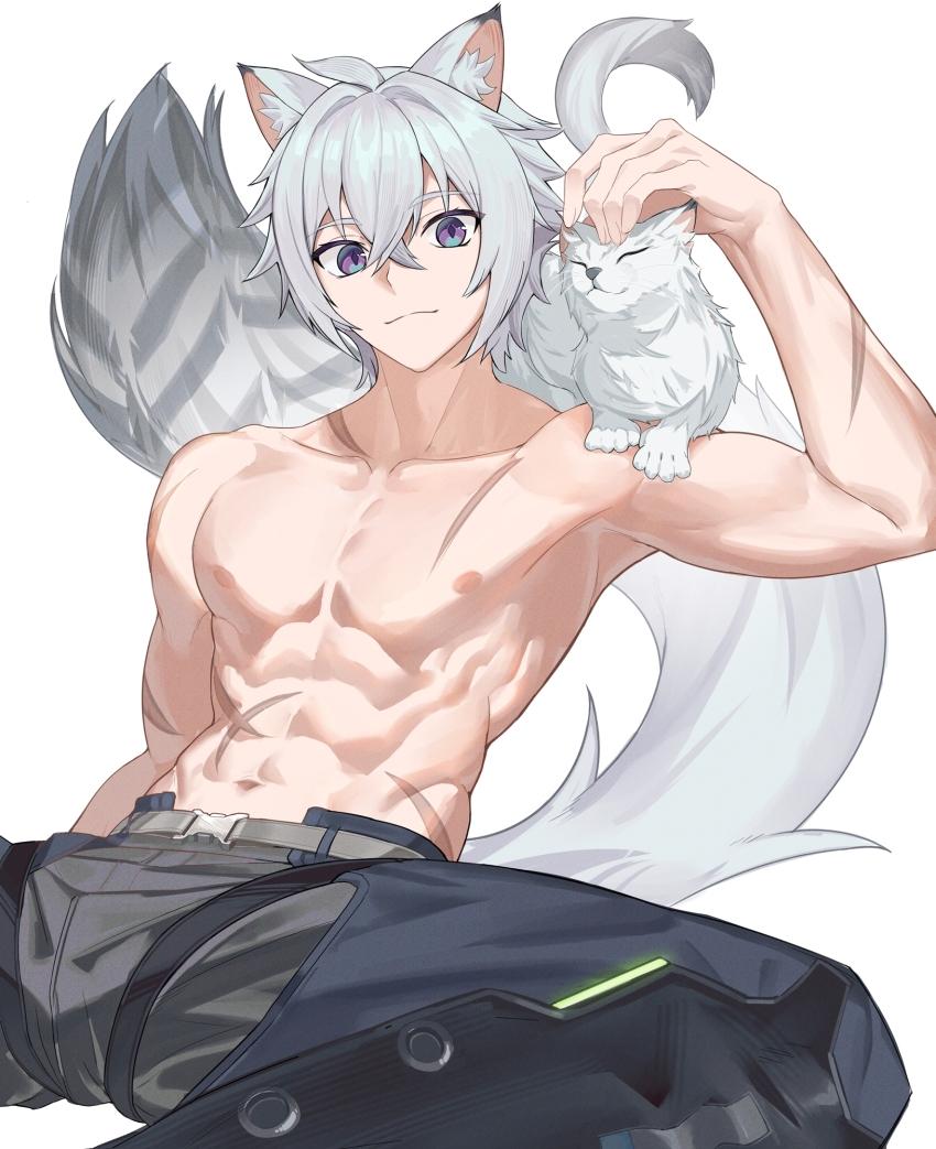 1boy abs animal animal_ears animal_on_shoulder cat cat_on_shoulder chinese_commentary closed_eyes commentary_request cross_scar grey_hair highres inimiyon1234 leopard_boy leopard_ears leopard_tail looking_at_viewer male_focus multiple_scars navel nipples pectorals petting scar scar_on_arm scar_on_chest scar_on_hip scar_on_neck scar_on_stomach seth_lowell sitting tail toned toned_male topless_male whiskers white_background zenless_zone_zero