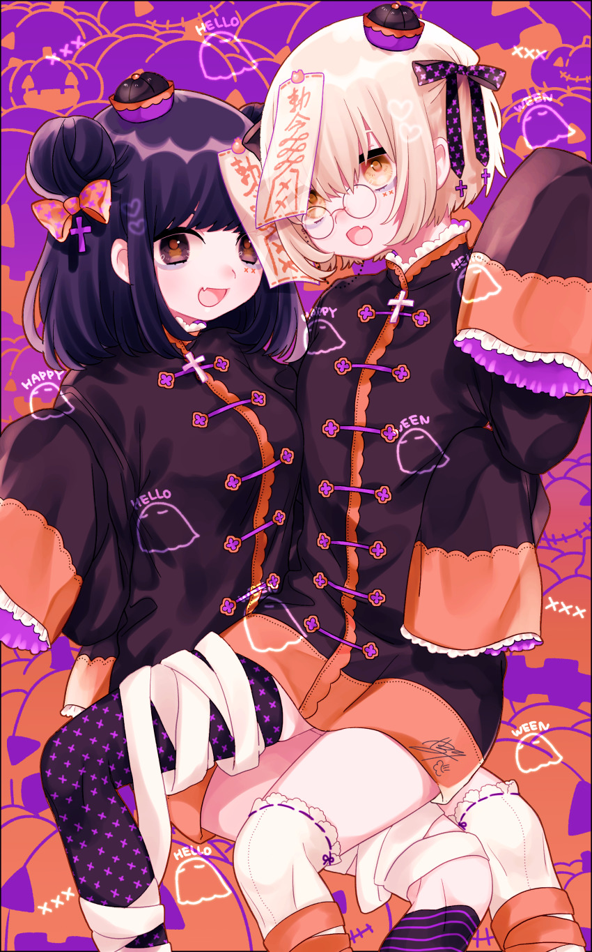 2girls :o absurdres asymmetrical_legwear bandages bird_hoodie_girl_(tsubaki_tsubara) black_bow black_dress black_hair black_socks blonde_hair bow brown_eyes cat_hoodie_girl_(tsubaki_tsubara) chinese_clothes cross cross_print double_bun dress fang frilled_sleeves frills ghost glasses hair_between_eyes hair_bun halloween hat highres jack-o&#039;-lantern jiangshi kneehighs long_sleeves medium_hair mismatched_legwear multiple_girls ofuda orange_background orange_bow original patterned_clothing pumpkin_print purple_background qingdai_guanmao ribbon-trimmed_legwear ribbon_trim round_eyewear see-through_clothes short_hair signature simple_background skin_fang sleeves_past_wrists smile socks striped_legwear tsubaki_tsubaru white_legwear yellow_eyes