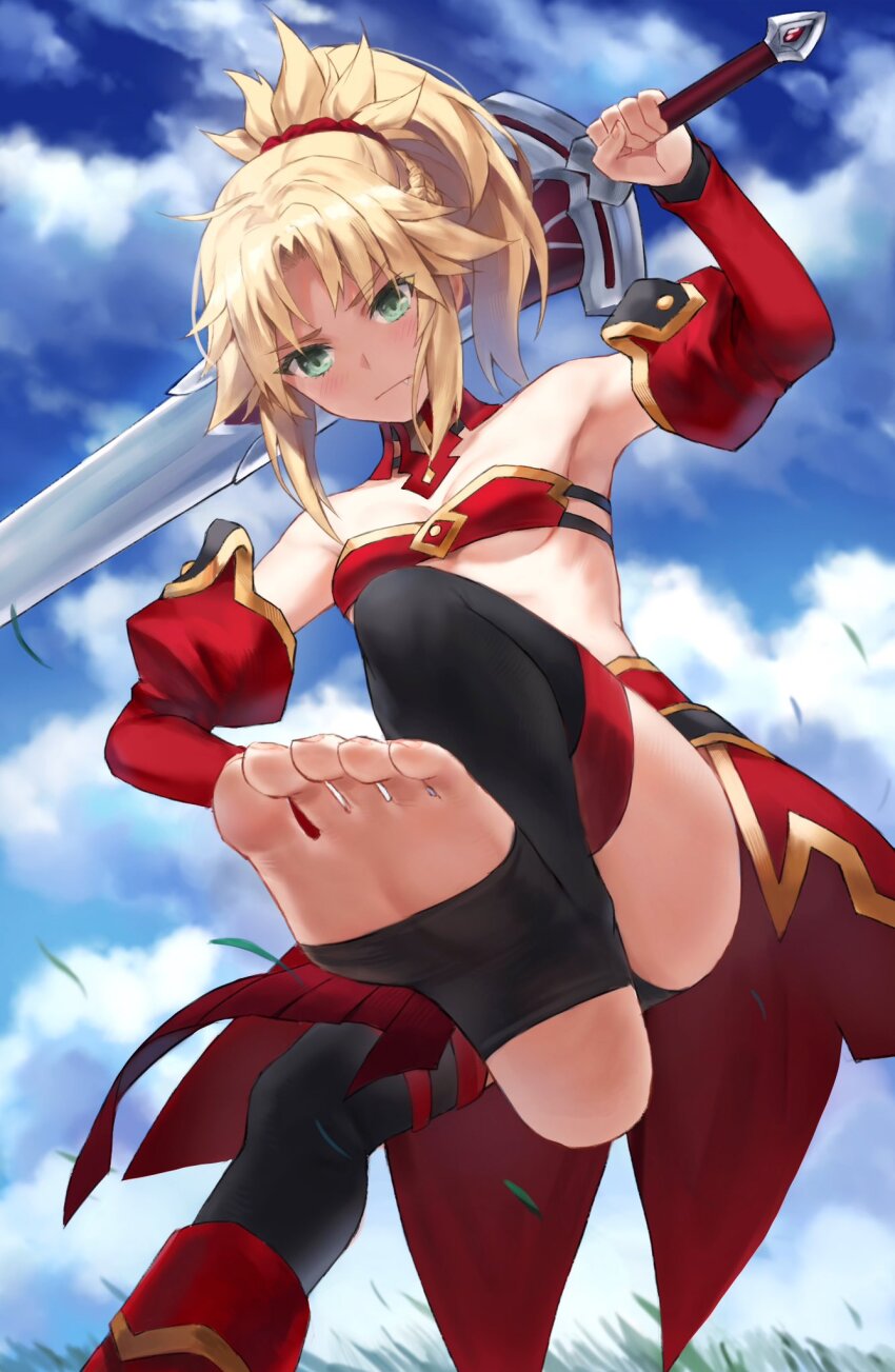 1girl armpits bandeau bare_shoulders black_thighhighs blonde_hair blue_sky braid breasts clarent_(fate) closed_mouth detached_collar detached_sleeves fate/apocrypha fate/grand_order fate_(series) feet foot_focus foot_out_of_frame green_eyes half_up_braid highres holding holding_sword holding_weapon long_hair looking_at_viewer mordred_(fate) mordred_(fate/apocrypha) no_shoes parted_bangs ponytail shoes sidelocks single_shoe single_thighhigh sky small_breasts soles solo stirrup_legwear sword thighhighs toeless_legwear toenails toes tonee variant_set weapon