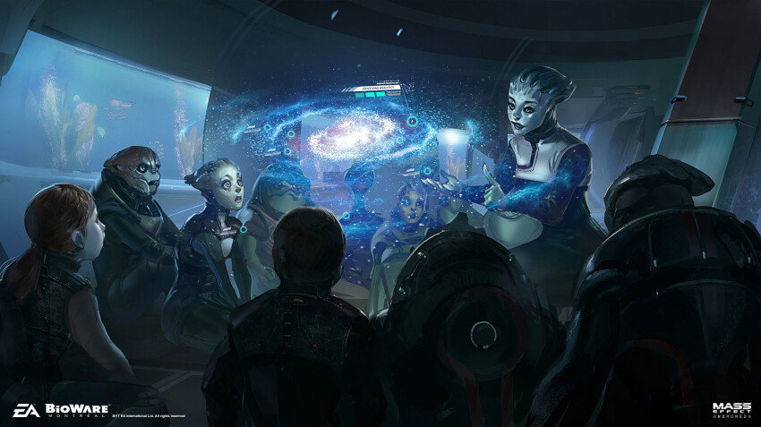 4girls alien asari_(mass_effect) ben_lo bioware black_lips blue_skin colored_skin commentary drell dress electronic_arts english_commentary green_dress highres hologram krogan logo looking_up mass_effect:_andromeda mass_effect_(series) multiple_girls official_art open_mouth orange_hair parted_lips ponytail production_art salarian sitting smile surprised tentacle_hair turian