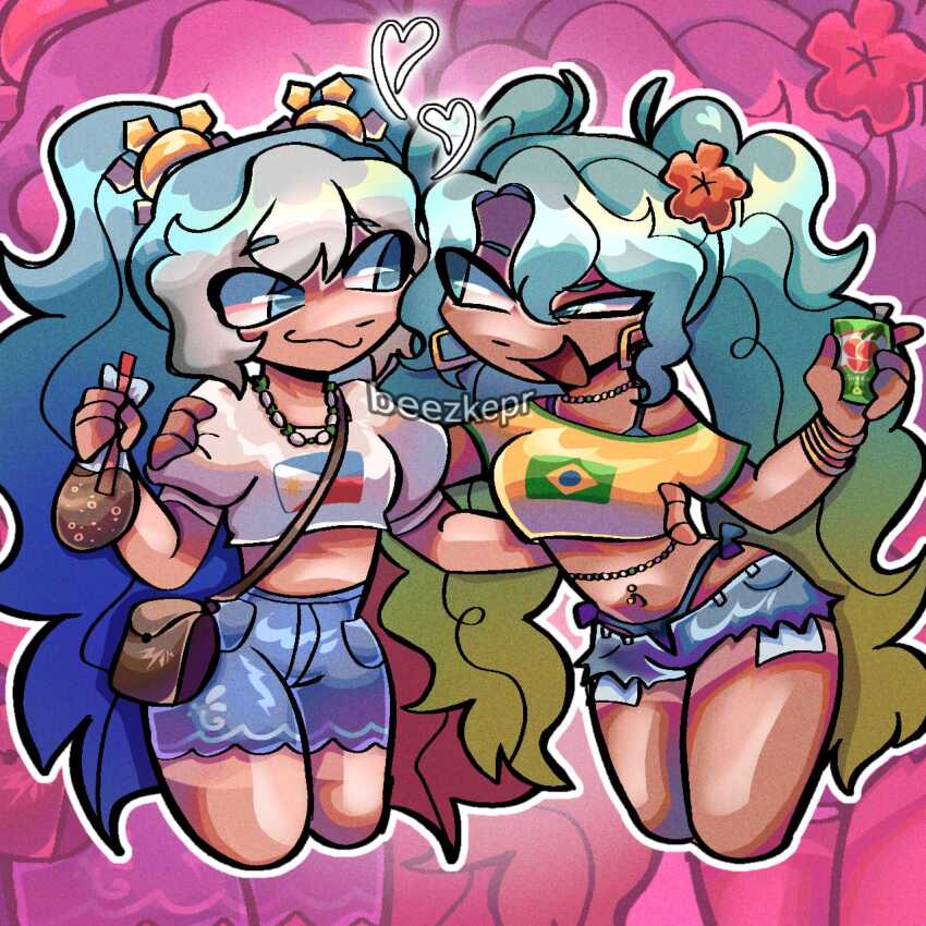 2girls aqua_eyes aqua_hair arm_around_waist artist_name bead_choker beezkepr belly_chain blonde_hair blue_hair blue_shorts brazilian_flag brazilian_miku can cropped_legs drink exposed_pocket flower green_hair guarana_antarctica hair_between_eyes hair_flower hair_ornament hatsune_miku hatsune_miku_(filipino) heart highres holding holding_can holding_drink jewelry latin_american_hatsune_miku_(meme) long_hair midriff multiple_girls navel navel_piercing necklace open_mouth outline philippine_flag philippines piercing print_shirt red_flower red_hair shirt short_shorts shorts smile take-out takeout_plastic_bag tan tanline twintails very_long_hair vocaloid white_outline white_shirt worldwide_miku yellow_shirt