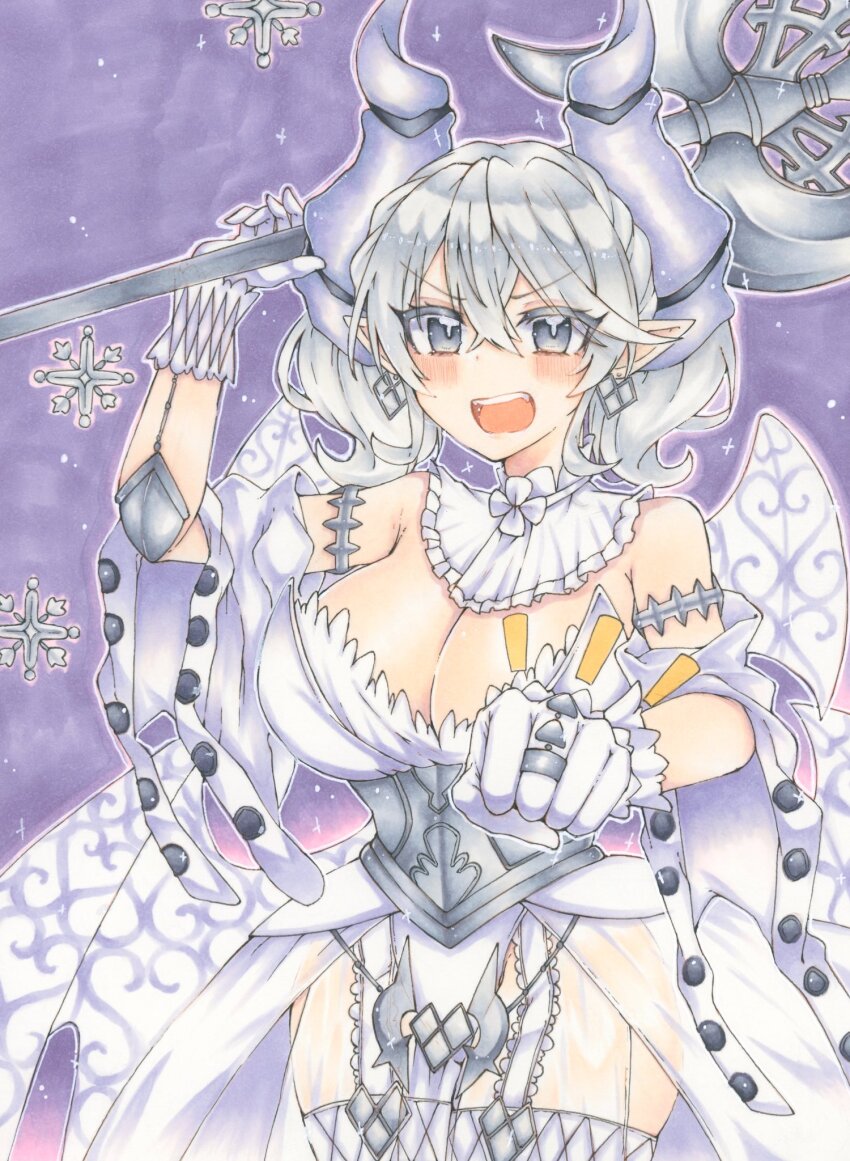 1girl bare_shoulders breasts cleavage commission cowboy_shot demon_girl demon_horns demon_wings dress drill_hair duel_monster earrings halberd highres holding holding_polearm holding_weapon horns ichinose_haruka jewelry large_breasts long_hair lovely_labrynth_of_the_silver_castle marker_(medium) multiple_wings pointy_ears polearm purple_background skeb_commission solo strapless strapless_dress traditional_media twin_drills weapon white_dress white_wings wings yu-gi-oh!