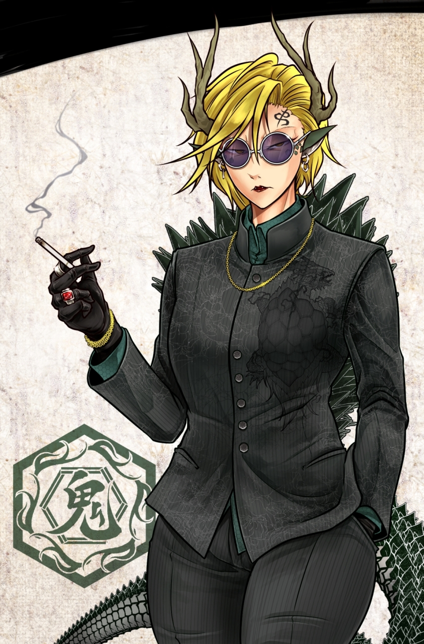 1girl alternate_costume animal_ears animal_print antlers black_gloves black_pants black_suit blonde_hair bracelet cigarette commentary_request cowboy_shot dragon_ears dragon_girl dragon_tail ear_piercing earrings facial_mark forehead_mark forehead_tattoo formal_clothes glasses gloves gold_bracelet green_shirt hand_in_pocket highres horns jewelry kicchou_yachie lipstick looking_at_viewer mafia makeup necklace pants piercing pointy_ears ring ryuuichi_(f_dragon) serious shell shirt short_hair smoking solo spiked_shell spiked_tail suit sunglasses tail touhou turtle_print undershirt yellow_eyes