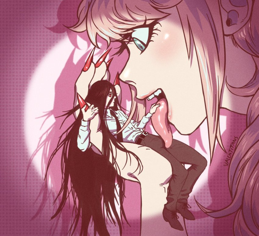 1boy 1girl artist_name black_hair black_pants blouse blush bulge collared_shirt commentary danganronpa_(series) danganronpa_2:_goodbye_despair dress_shirt english_commentary enoshima_junko fingernails holding in_palm kamukura_izuru licking long_hair long_sleeves long_tongue mini_person miniboy nail_polish open_mouth pants pink_background profile red_nails ren_valentine sharp_fingernails shirt teeth tongue tongue_out upper_teeth_only very_long_hair white_background white_shirt