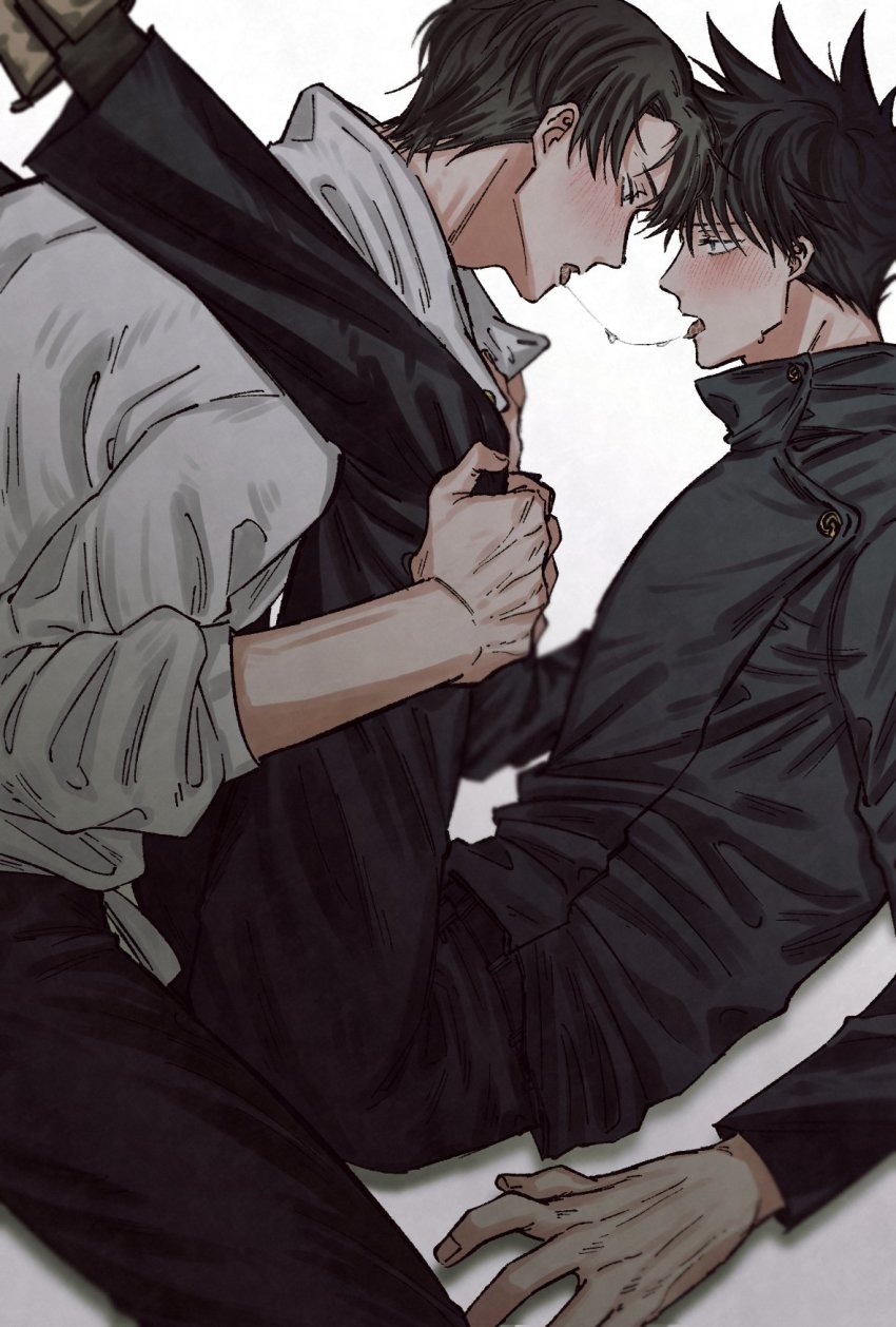 2boys after_kiss black_hair black_jacket black_pants blush buttons clothes_grab commentary_request eye_contact eyelashes fushiguro_megumi fushirun_rung green_eyes hair_between_eyes high_collar highres jacket jujutsu_kaisen korean_commentary legs_grab long_sleeves looking_at_another male_focus multiple_boys okkotsu_yuuta pants saliva saliva_trail school_uniform shoes short_hair simple_background spiked_hair tongue tongue_out white_background white_jacket yaoi