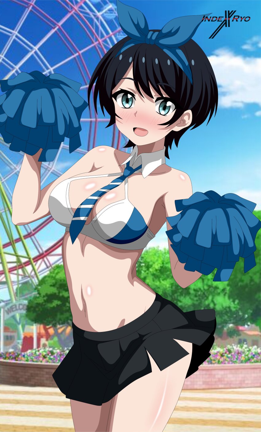 1girl absurdres black_hair blush breasts cheerleader highres indexryo kanojo_okarishimasu large_breasts ribbon sarashina_ruka short_hair skirt smile