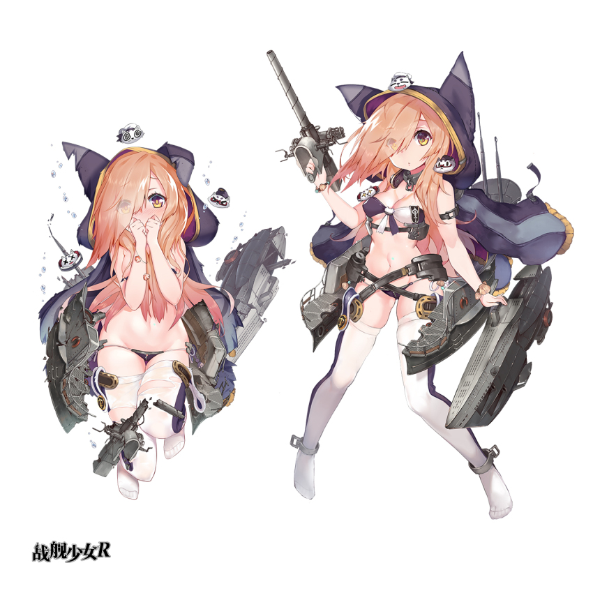 1girl animal_ears ankle_cuffs belt blush breasts brown_hair cleavage collar full_body gradient_hair hands_on_own_face highres hood hooded_jacket jacket long_hair looking_at_viewer machinery metal_collar mkiiiiii multicolored_hair navel open_clothes open_jacket radar_dish simple_background swimsuit thighhighs torn_clothes torn_jacket torn_swimsuit u81_(warship_girls_r) warship_girls_r weapon white_background white_thighhighs wolf yellow_eyes