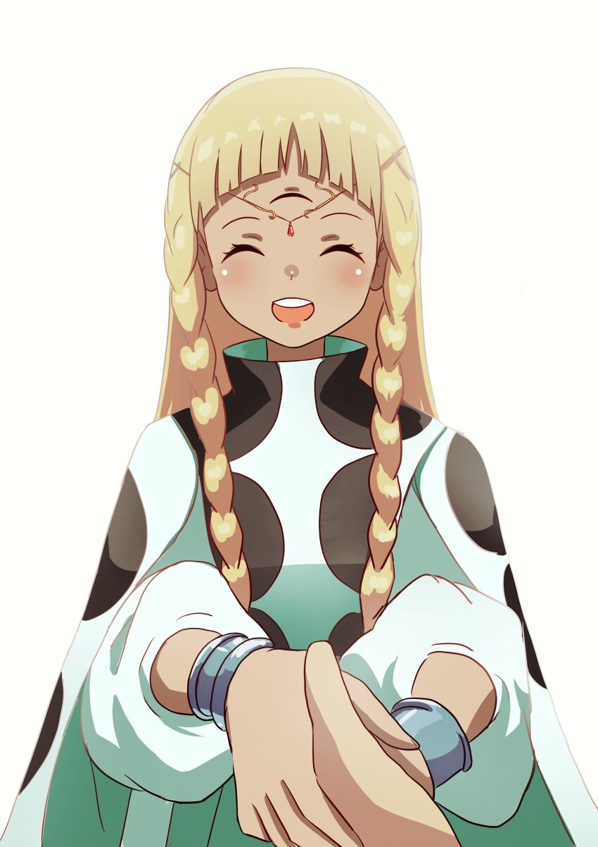 1girl ^_^ absurdres arched_bangs blonde_hair braid cianter circlet closed_eyes commentary english_commentary eupha_(metaphor:_refantazio) highres holding_hands metaphor:_refantazio open_mouth pov pov_hands simple_background smile straight-on teeth twin_braids upper_teeth_only white_background