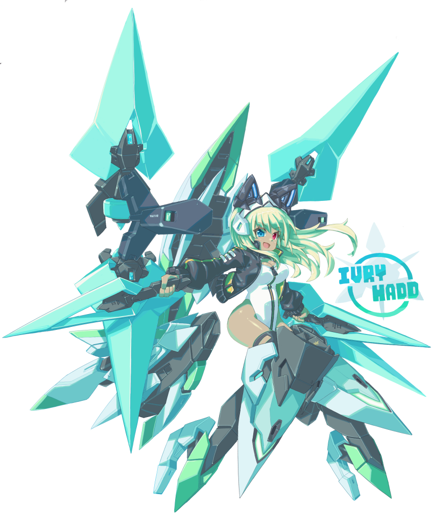 alice_gear_aegis black_jacket black_thighhighs character_name circle_cutout cleavage_cutout clothing_cutout companion/af covered_collarbone darius_burst front_zipper full-length_zipper full_body haiteku_reibou heattech_leotard highleg highleg_leotard highres ivry_hadd jacket leotard machinery race_queen sleeveless_turtleneck_leotard thighhighs turtleneck two-tone_leotard white_leotard zipper zipper_leotard zipper_pull_tab