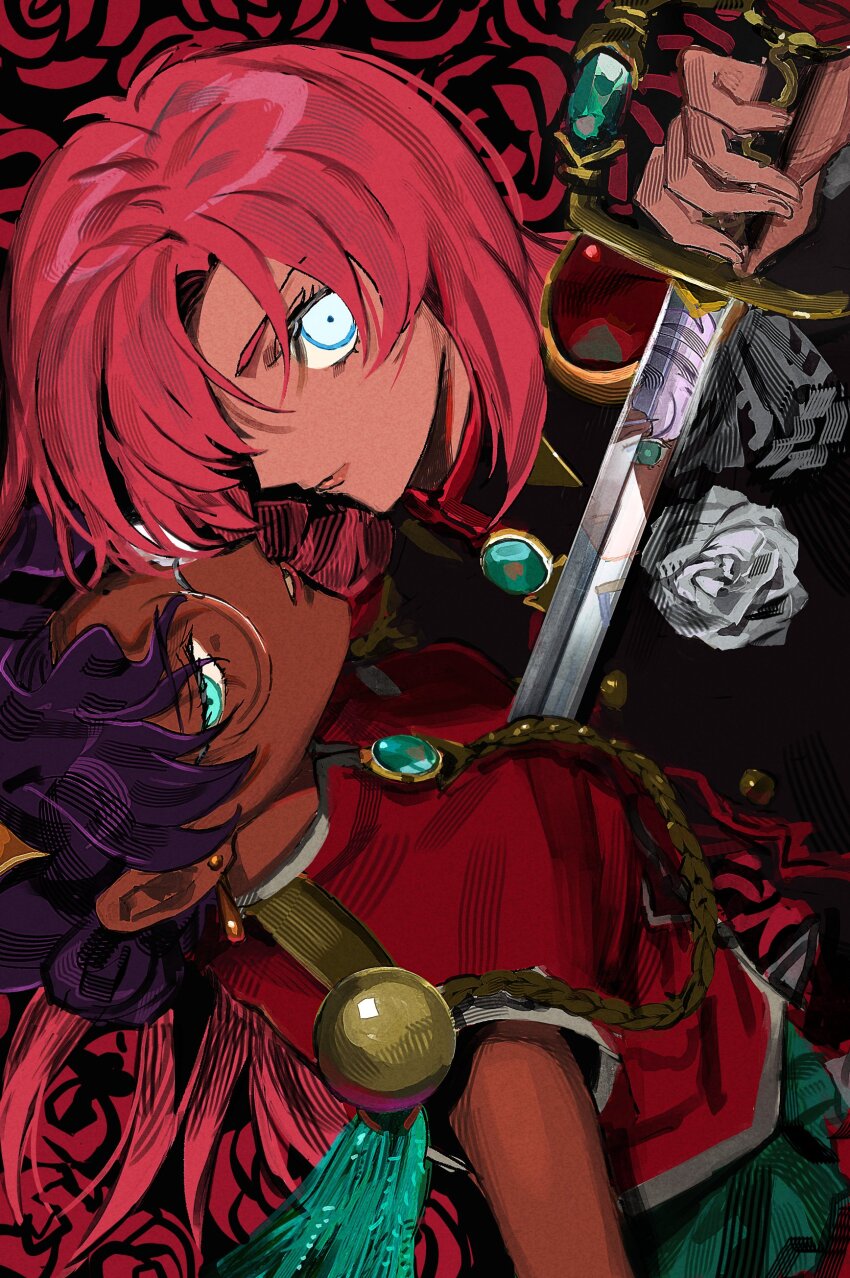 2girls absurdres aqua_eyes blue_eyes commentary_request dress floral_background flower glasses highres himemiya_anthy holding holding_sword holding_weapon human_scabbard looking_at_viewer multiple_girls ootori_akio pink_hair purple_hair red_dress reflective_weapon rose round_eyewear segami shoujo_kakumei_utena sleeveless sleeveless_dress sword sword_of_dios tenjou_utena weapon white_flower white_rose