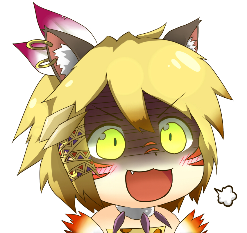 1girl :3 animal_ears bad_id bad_pixiv_id bare_shoulders blonde_hair cat_ears earrings facial_mark fang feather_hair_ornament feathers female_focus fuu_(p&amp;d) glowing glowing_eyes green_eyes gyate_gyate hair_ornament hoop_earrings jewelry kanchigai leopard_ears multiple_earrings necklace open_mouth portrait puzzle_&amp;_dragons shaded_face short_hair simple_background smile solo white_background