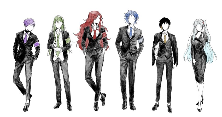 3boys 3girls angela_(project_moon) binah_(project_moon) black_hair black_jacket black_pants blue_hair blue_necktie chesed_(project_moon) full_body gebura_(project_moon) green_hair green_necktie highres isamu_(gaioo0303) jacket lobotomy_corporation long_hair long_sleeves medium_hair multicolored_hair multiple_boys multiple_girls necktie netzach_(project_moon) one_side_up pants project_moon purple_necktie red_hair red_necktie short_hair simple_background streaked_hair very_long_hair white_background yesod_(project_moon)