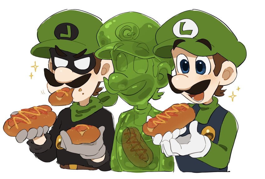 3boys blue_overalls brown_footwear brown_hair chili_dog commentary dark_persona facial_hair gloves gooigi green_shirt highres hot_dog luigi luigi&#039;s_mansion luigi&#039;s_mansion_3 male_focus mario_(series) mimimi_(mimimim9999) monster_boy mr._l multiple_boys multiple_persona mustache nintendo open_mouth overalls paper_mario shirt slime_boy smile super_paper_mario white_gloves white_hair