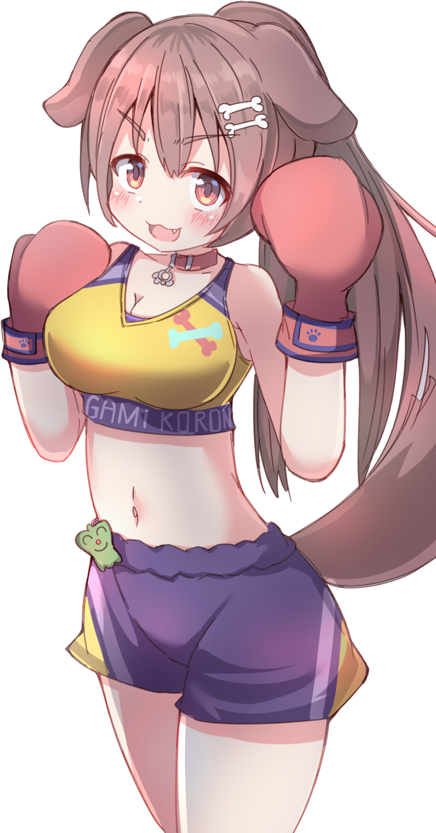 1girl :d absurdres animal_ears bare_shoulders blush bone_hair_ornament boxing_gloves breasts brown_eyes brown_hair cartoon_bone character_name cleavage clothes_writing commentary_request dog_ears dog_girl dog_tail fang hair_ornament hands_up highres hololive inugami_korone long_hair looking_at_viewer medium_breasts navel open_mouth ponytail purple_shorts short_shorts shorts simple_background smile solo tail umberblack v-shaped_eyebrows very_long_hair virtual_youtuber white_background