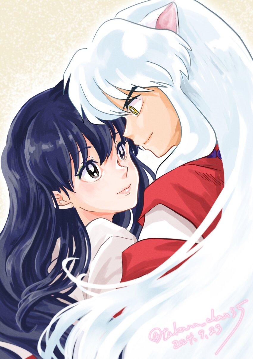 1boy 1girl animal_ears black_hair brown_eyes closed_mouth couple dated dog_ears hair_between_eyes hetero highres higurashi_kagome inuyasha inuyasha_(character) japanese_clothes kimono long_hair looking_at_another red_kimono smile takana_chan35 twitter_username upper_body white_hair yellow_eyes