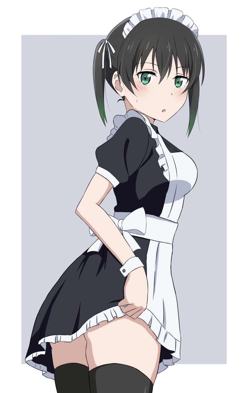 1girl :o absurdres alternate_costume ass_peek black_dress black_hair black_thighhighs blush border commentary cowboy_shot daichi777zz dress enmaided frilled_dress frills gradient_hair green_eyes green_hair grey_background hair_between_eyes hair_ribbon hashtag-only_commentary highres lone_nape_hair looking_at_viewer love_live! love_live!_nijigasaki_high_school_idol_club maid maid_headdress medium_hair multicolored_hair outside_border parted_lips puffy_short_sleeves puffy_sleeves ribbon short_dress short_sleeves simple_background solo takasaki_yu thighhighs twintails two-tone_hair white_border white_ribbon zettai_ryouiki