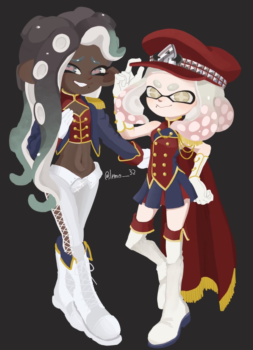 2girls alternate_costume boots cape dark-skinned_female dark_skin gloves gradient_hair highres inkling knee_boots lemo_(lemo_4) long_hair marina_(splatoon) mole mole_under_mouth multicolored_hair multiple_girls nintendo octoling pants pearl_(splatoon) red_cape short_eyebrows splatoon_(series) splatoon_2 tentacle_hair thigh_boots white_footwear white_pants yellow_eyes