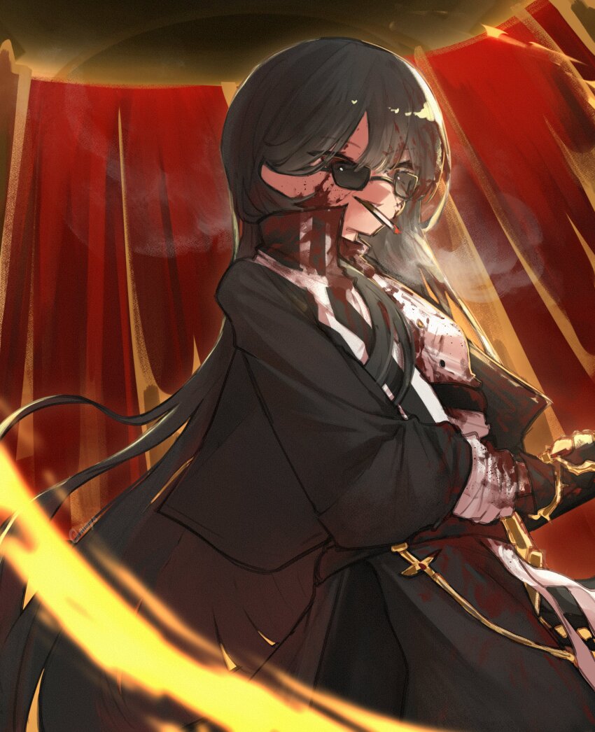 1girl absurdres belt black_belt black_coat black_gloves black_hair blood blood_in_hair blood_on_clothes blood_on_face buttons cigarette coat contempt_awe_(e.g.o) curtains dress e.g.o_(project_moon) gloves grin highres limbus_company long_hair long_sleeves looking_at_viewer niioys project_moon red_eyes ryoshu_(project_moon) smile smoke smoking solo sunglasses sword very_long_hair weapon white_dress