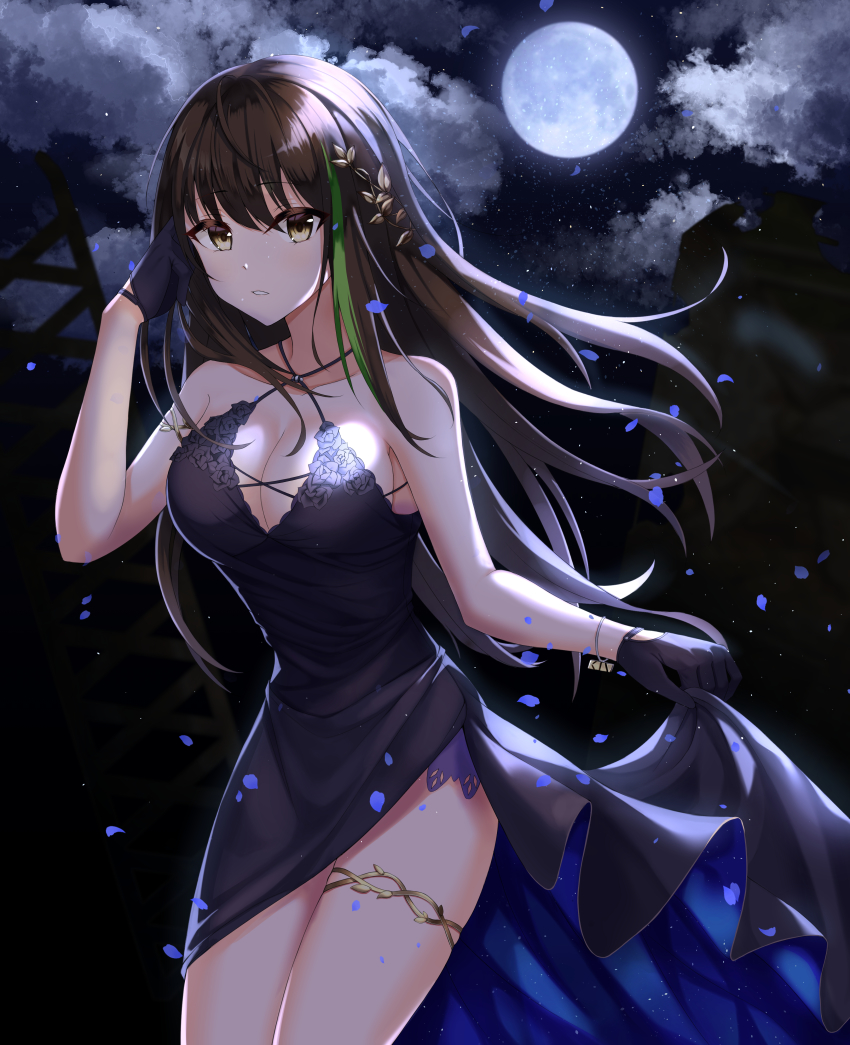 1girl absurdres bad_id bad_pixiv_id bare_shoulders black_dress black_gloves breasts brown_eyes brown_hair cleavage clothes_lift collarbone dress dress_lift flower girls&#039;_frontline gloves hair_between_eyes hair_flower hair_ornament hand_in_own_hair highres long_hair looking_at_viewer m4a1_(girls&#039;_frontline) medium_breasts moon moonlight multicolored_hair night night_sky sky solo yuzb