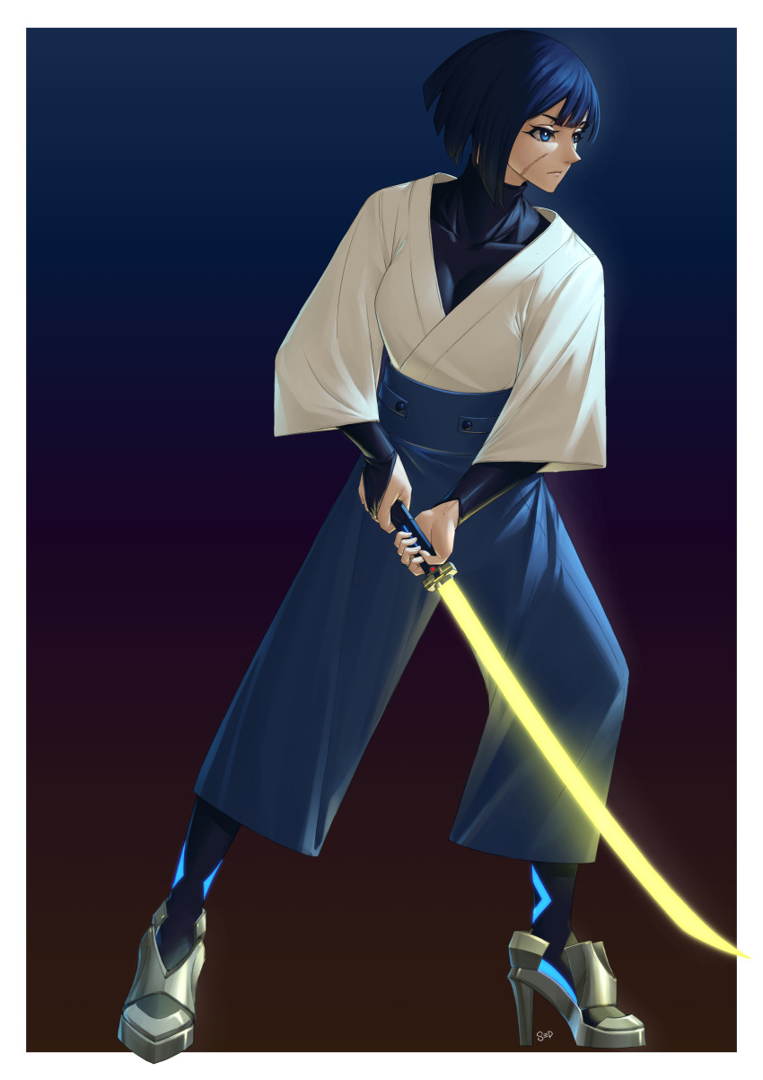 1girl absurdres artist_logo asymmetrical_hair black_hair blue_eyes bridal_gauntlets cloak collarbone energy_sword f_(star_wars) facial_scar fighting_stance hakama high_heels highres holding holding_weapon japanese_clothes lightsaber looking_ahead looking_to_the_side loose_clothes scar scar_on_cheek scar_on_face simple_background standding star_wars star_wars:_visions sthreep sword tight_clothes turtleneck undershirt weapon