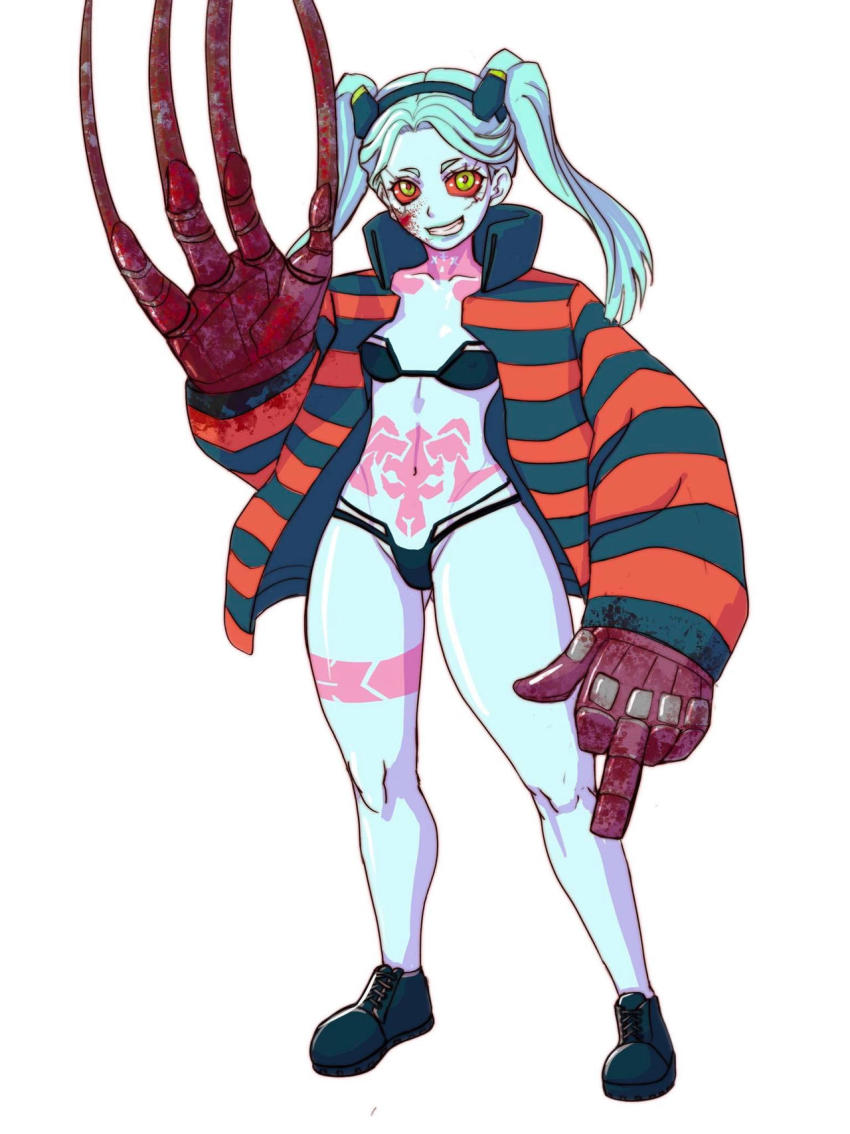 1girl alternate_costume bikini blood breasts claws cosplay cyberpunk_(series) cyberpunk_edgerunners freddy_krueger full_body green_hair harrisdraw highres jacket looking_at_viewer middle_finger rebecca_(cyberpunk) shoes small_breasts smile swimsuit stomach_tattoo twintails white_background