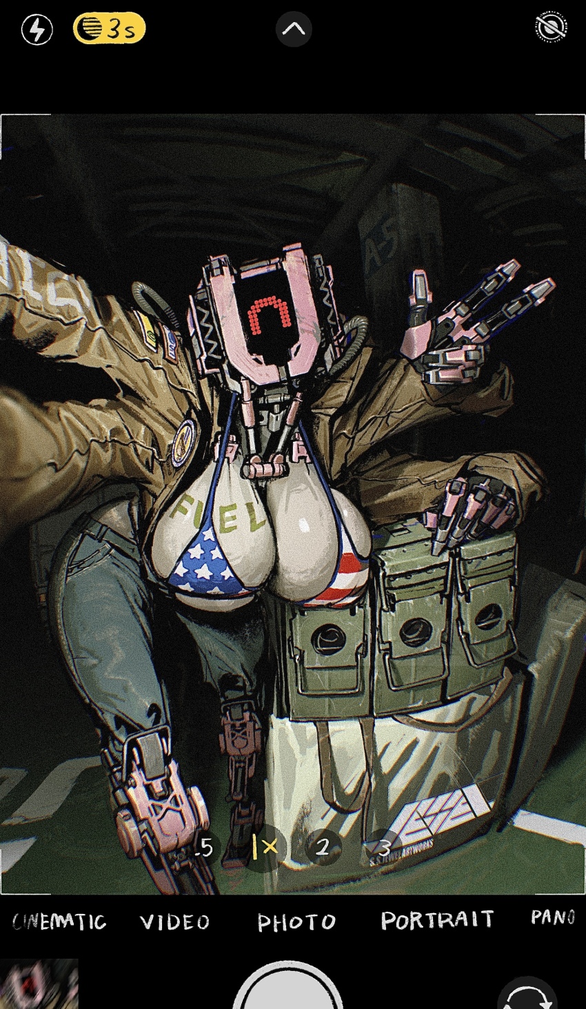 1girl ^_^ absurdres american_flag american_flag_bikini american_flag_print ammunition_box android arm_support bikini blue_pants breasts brown_jacket cleavage closed_eyes commentary denim english_commentary extra_arms fake_phone_screenshot fake_screenshot film_grain flag_print happy_valentine highres jacket jeans juerucj large_breasts mechabare original pants panty_straps print_bikini selfie solo swimsuit taking_picture user_interface v viewfinder