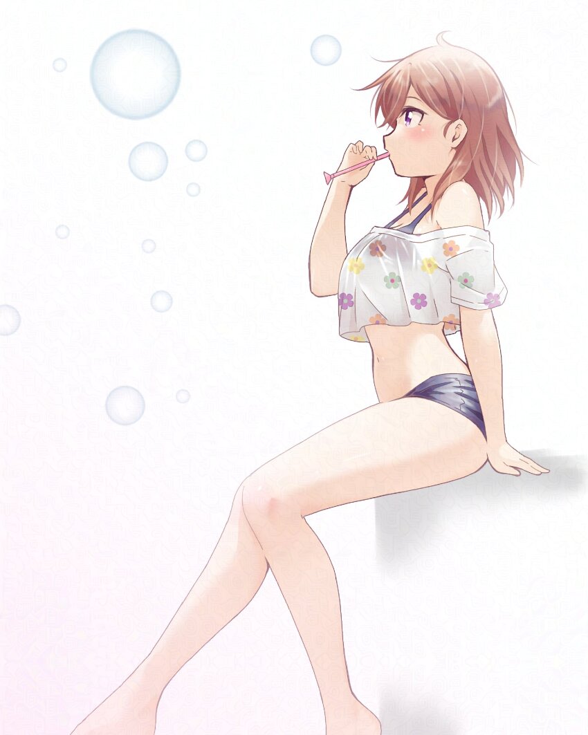 1girl bikini blowing_bubbles blue_bikini blush brown_hair bubble bubble_pipe cropped_shirt feet_out_of_frame floral_print from_side gabrieltenma77 highres invisible_chair love_live! love_live!_superstar!! medium_hair mouth_hold navel print_shirt profile purple_eyes shibuya_kanon shirt sitting soap_bubbles solo strapless strapless_shirt swimsuit white_shirt