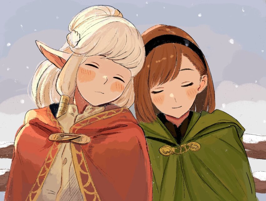 2girls :3 asimov_(spindle_(aidenr0)) black_hairband blush bob_cut borrowed_character brown_hair cloak closed_eyes commentary couple elf english_commentary gift_art gold_trim green_cloak grey_sky hair_bun hair_tubes hairband happy heads_together hood hood_down light_smile medium_hair multiple_girls original ottilie_(spindle_(aidenr0)) outdoors pointy_ears red_cloak shirt short_hair side-by-side sidelocks single_hair_bun sky smile snow snowing speedoshi swept_bangs upper_body white_hair white_shirt winter yuri