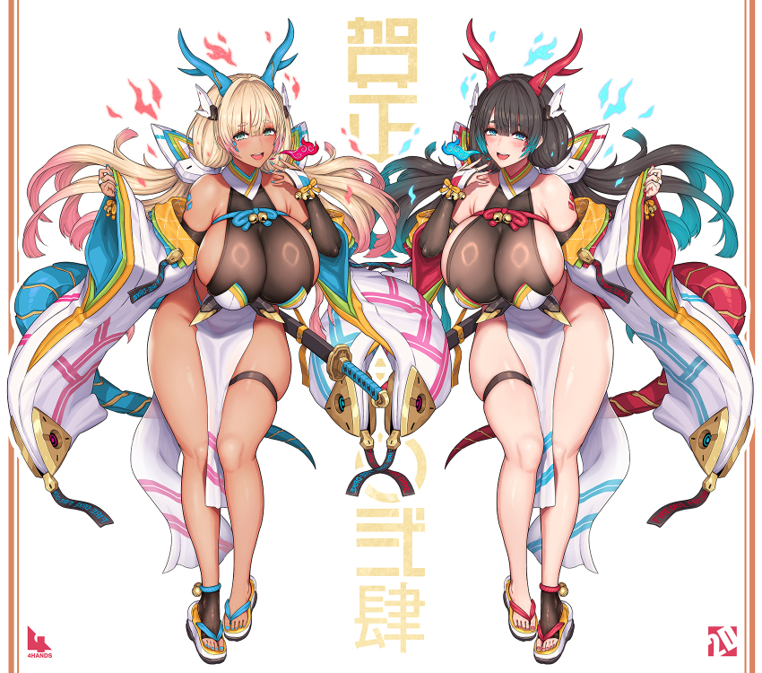 2girls aqua_nails bare_shoulders black_hair blonde_hair blue_eyes breasts commentary_request dark-skinned_female dark_skin dragon_girl full_body highres huge_breasts leaning_forward long_hair long_sleeves multiple_girls nail_polish nidy no_panties original pelvic_curtain red_nails sheath sheathed skindentation thigh_strap translation_request very_long_hair wide_sleeves