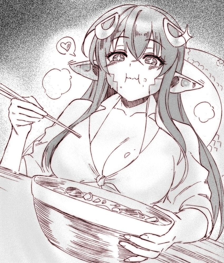 1girl blush bowl breasts chewing chopsticks cleavage collarbone commentary eating fei_(bell_fei) food food_on_face greyscale hair_between_eyes hair_ornament heart highres holding holding_bowl holding_chopsticks lamia long_hair medium_breasts miia_(monster_musume) monochrome monster_girl monster_musume_no_iru_nichijou pointy_ears scales solo sparkling_eyes steam upper_body