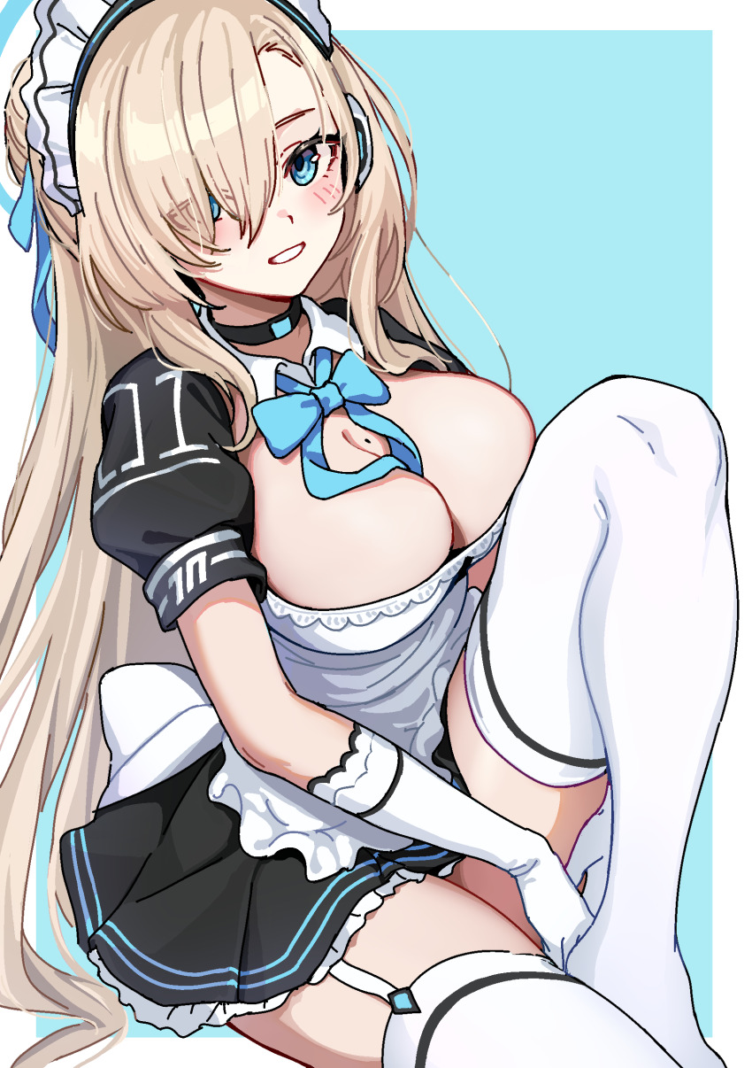 1girl absurdres apron asuna_(blue_archive) blonde_hair blue_archive blue_bow blue_bowtie blue_eyes blush bow bowtie breasts choker cleavage detached_collar frilled_apron frills gloves hair_over_one_eye hair_ribbon highres large_breasts light_brown_hair long_hair looking_at_viewer maid maid_apron maid_headdress mole mole_on_breast puffy_short_sleeves puffy_sleeves ribbon short_sleeves sitting smile solo taotao thighhighs thighs very_long_hair waist_apron white_apron white_gloves