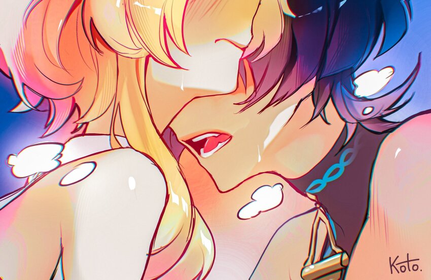 1boy 1girl artist_name black_bodysuit black_hair blonde_hair blunt_ends blush bodysuit closed_mouth couple embarrassed eyes_out_of_frame fangs genshin_impact glowing_markings gradient_hair hair_over_shoulder hetero highres imminent_bite kotokate lumine_(genshin_impact) multicolored_hair open_mouth purple_hair scaramouche_(genshin_impact) scarf short_hair short_hair_with_long_locks single_bare_shoulder single_sidelock sweat teeth tongue upper_body wanderer_(genshin_impact) white_scarf