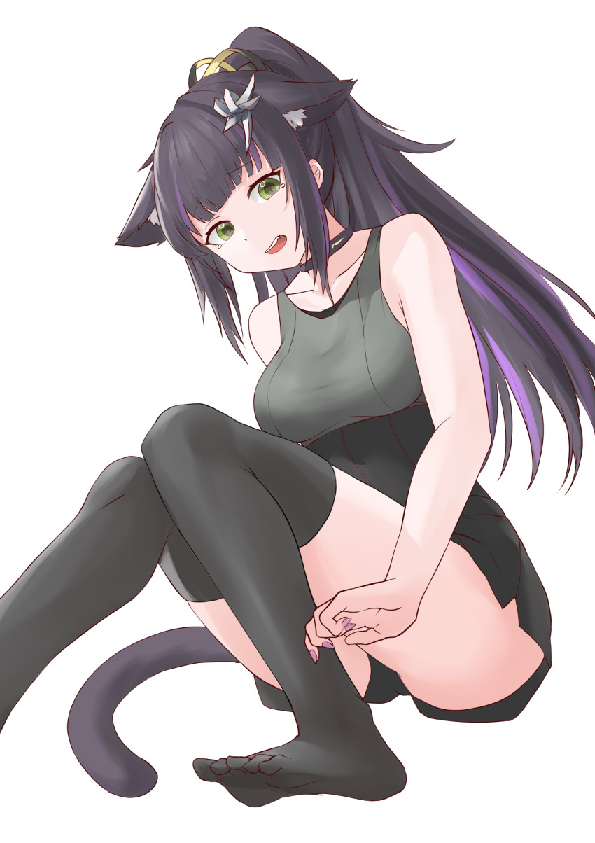 1girl animal_ear_fluff animal_ears arknights bare_arms bare_shoulders black_hair black_skirt black_thighhighs collarbone commentary_request feet fingernails green_eyes green_tank_top high-waist_skirt highres jessica_(arknights) jessica_the_liberated_(arknights) knees_together_feet_apart long_hair miniskirt multicolored_hair nail_polish neti_(cpu11151) no_shoes open_mouth pink_nails purple_hair purple_tail simple_background skirt soles solo streaked_hair tail tank_top tearing_up thighhighs toes variant_set white_background