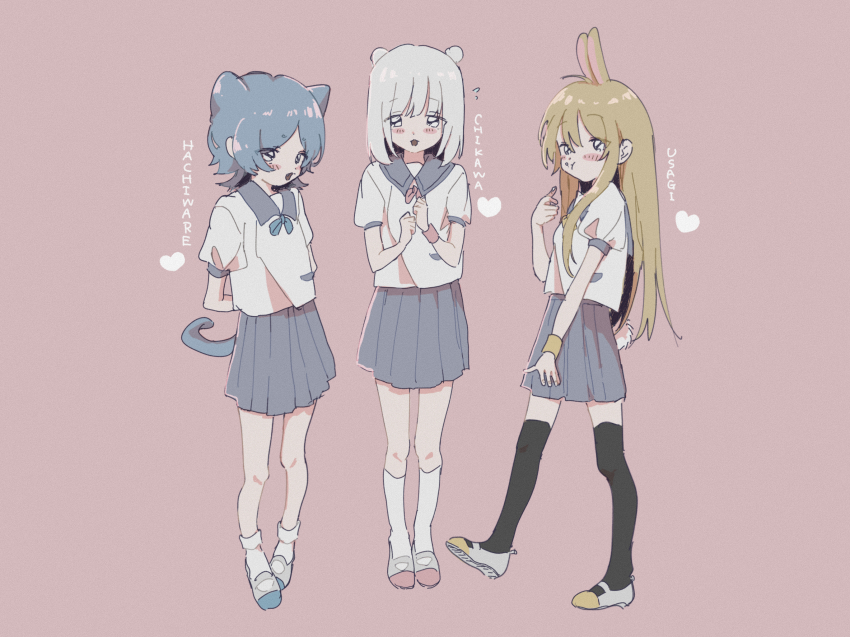 3girls :3 animal_ears arms_behind_back bear_ears black_eyes black_thighhighs blonde_hair blue_hair blue_ribbon blush_stickers cat_ears cat_girl cat_tail character_name chiikawa chiikawa_(character) closed_mouth commentary_request eating eguwi flipped_hair flying_sweatdrops food food_on_face full_body grey_sailor_collar grey_skirt hachiware_(chiikawa) heart highres kneehighs long_hair looking_at_viewer medium_hair multiple_girls neck_ribbon nervous open_mouth own_hands_together personification pink_background pink_hair pink_ribbon pleated_skirt puffy_short_sleeves puffy_sleeves rabbit_ears rabbit_girl rabbit_tail ribbon sailor_collar school_uniform serafuku shirt shoes short_sleeves simple_background skirt smile socks standing standing_on_one_leg tail thighhighs usagi_(chiikawa) uwabaki white_hair white_shirt white_socks