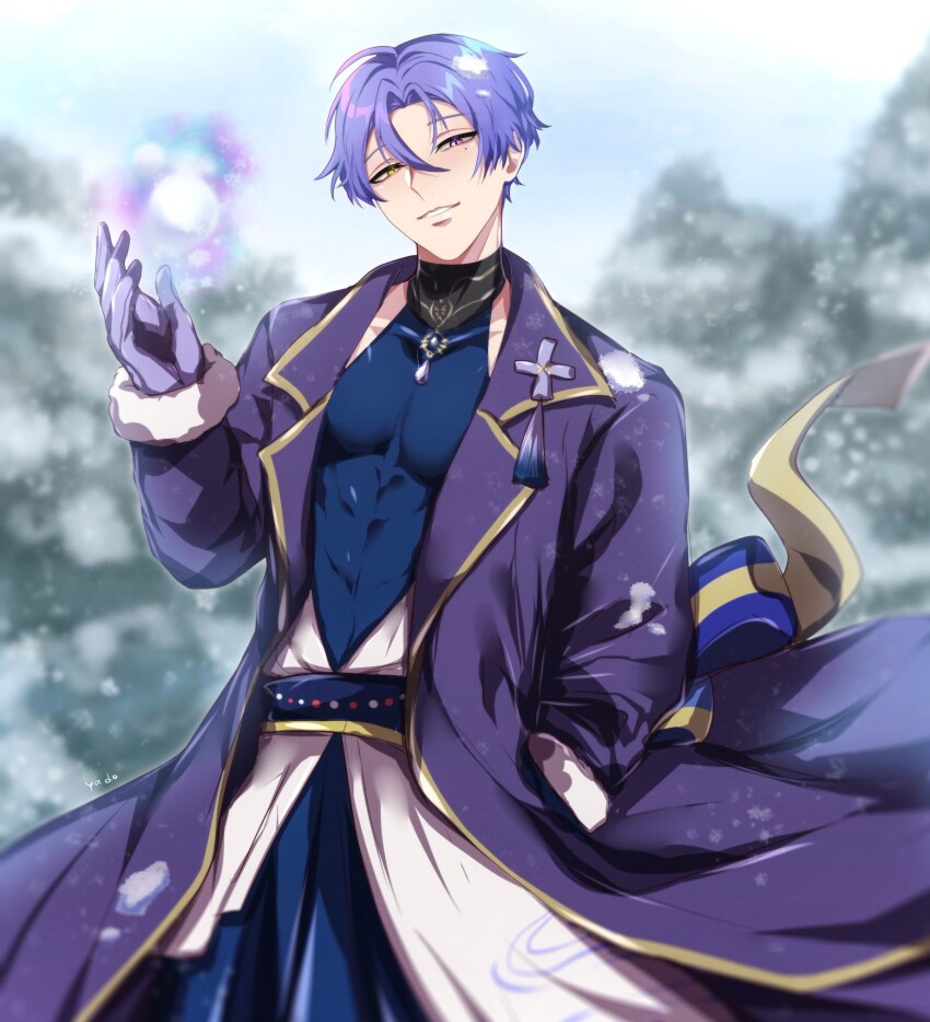 1boy cold gloves heterochromia highres jacket kuya_(nu_carnival) looking_at_viewer magic magic_ball male_focus mole mole_under_eye nu_carnival outdoors parted_lips pectorals purple_eyes purple_hair short_hair skin_tight sleeveless slit_pupils smile smug snow snowing teeth tree yadome810 yellow_eyes