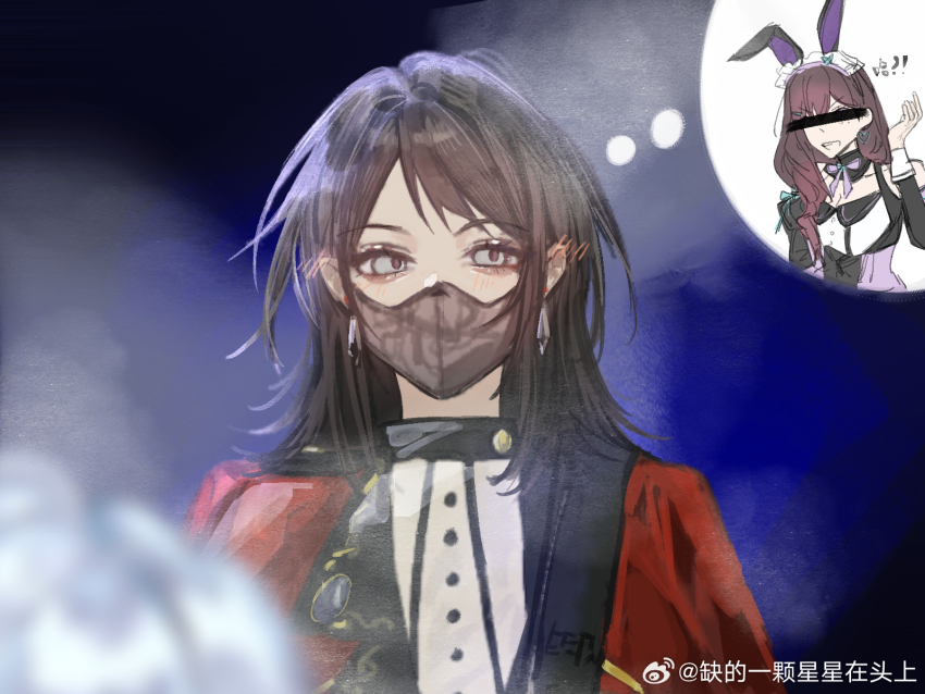 animal_ears bang_dream! bang_dream!_it&#039;s_mygo!!!!! black_hair black_mask blurry capelet censored censored_identity chinese_commentary commentary_request depth_of_field fake_animal_ears feiyu30903448 hand_up highres imagining long_hair long_sleeves mask medium_hair mole mole_under_eye mouth_mask oblivionis_(bang_dream!) open_mouth red_capelet shiina_taki shirt timoris_(bang_dream!) togawa_sakiko upper_body watermark weibo_watermark white_shirt yahata_umiri